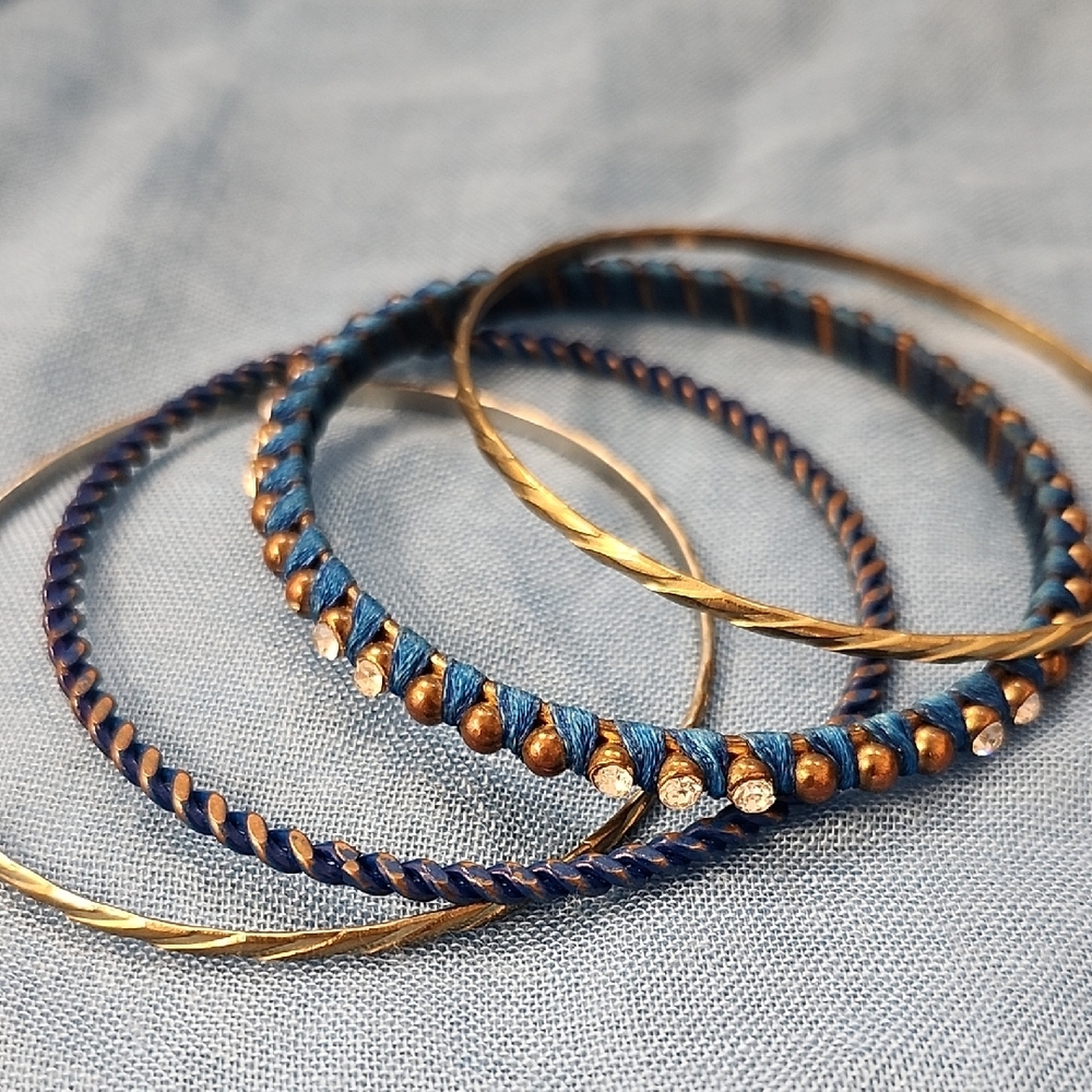 Stackable Gold & Blue Thread-Wrapped Bangle Set - Picture 1 of 4